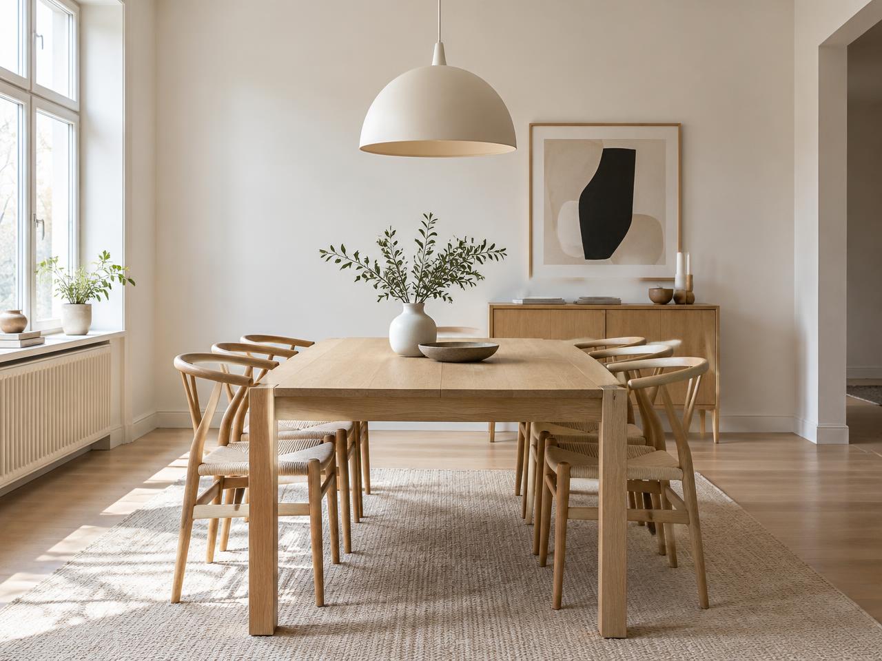 Spisestue med langbord i eik, enkle stoler og pendel